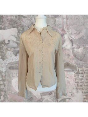 Vintage Embroidered Floral Beige Blouse with Scallop Buttons